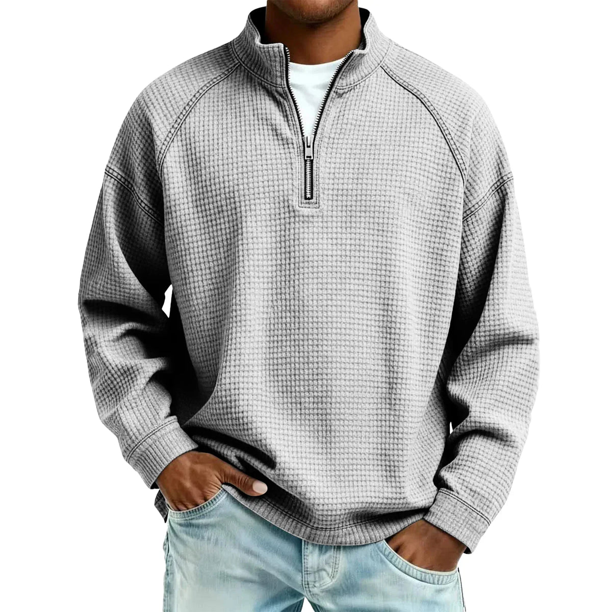 Parte superior informal de punto waffle para hombre, con media cremallera y corte holgado