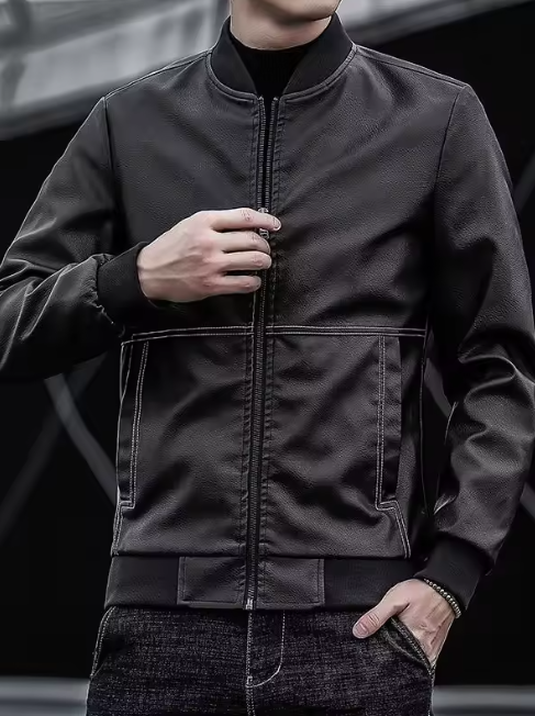 Chaqueta de cuero para hombre con cuello de béisbol