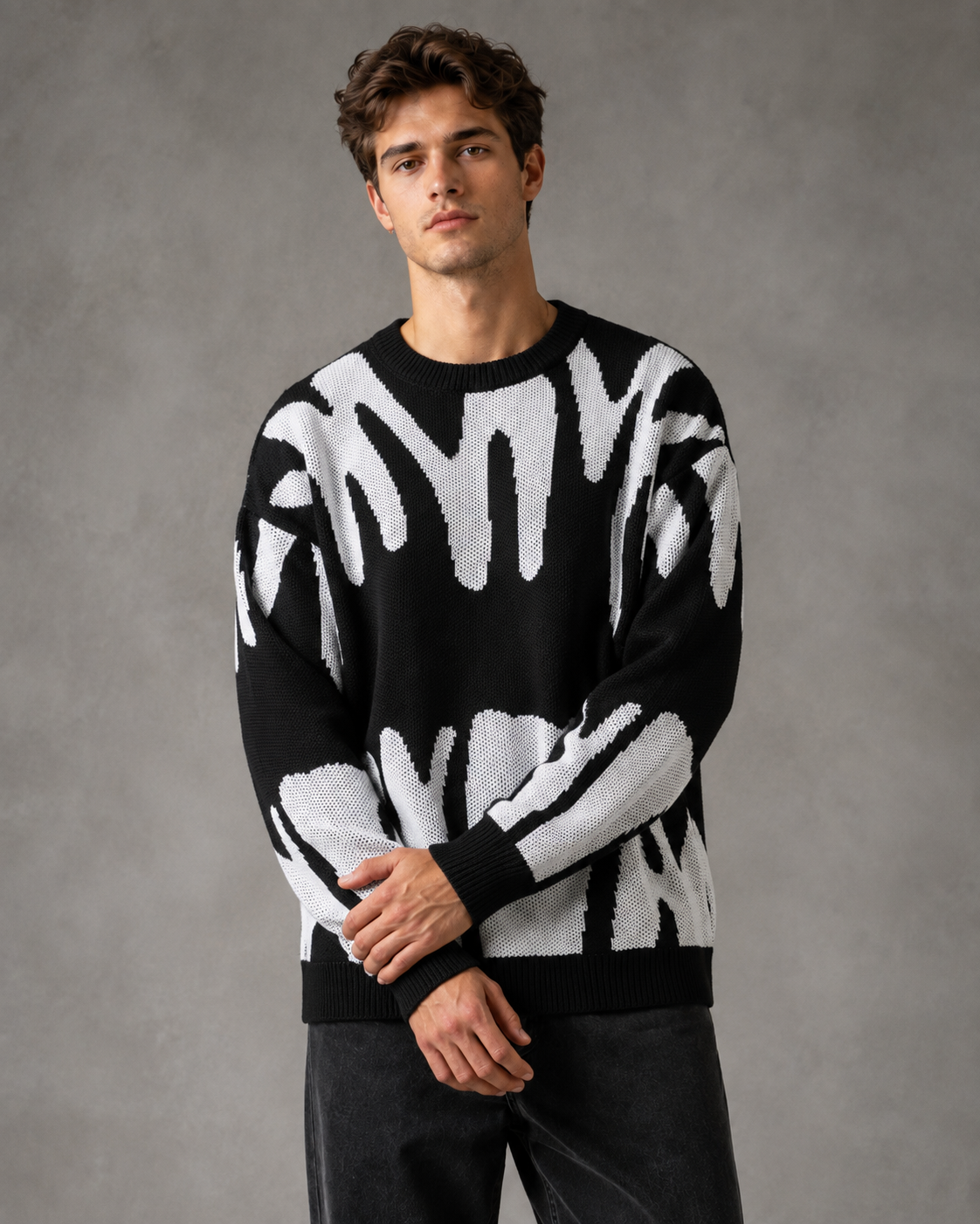 Ανδρικό αφηρημένο πλεκτό πουλόβερ με χαμηλωμένους ώμους