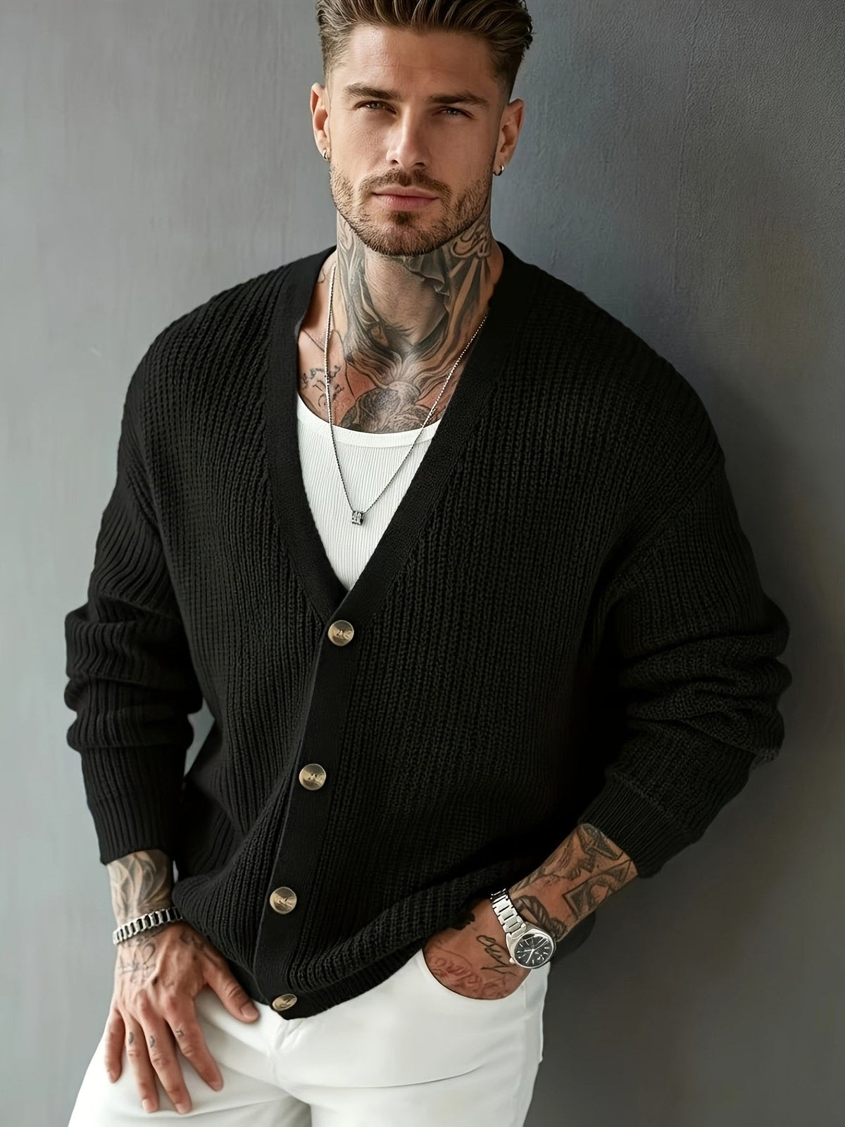 Chunky Ribbed V Neck Button Cardigan