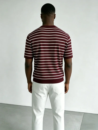 Camiseta de punto de cuello redondo a rayas para hombre, color burdeos