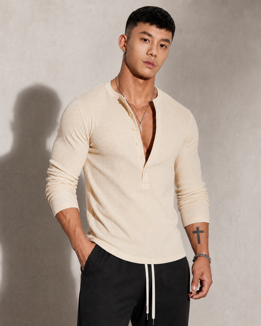 Ribbed Knit Long-Sleeve Half-Button Sweater
