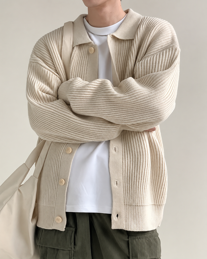Cardigan côtelé à col et boutonnage sur le devant