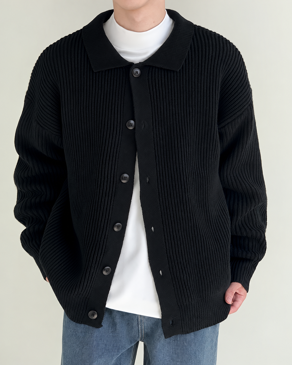 Cardigan côtelé à col et boutonnage sur le devant