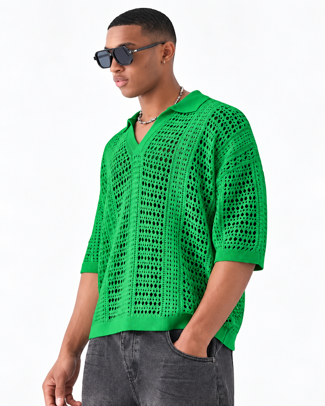 Polo tričko s ažurovým pleteným mřížkovým vzorem