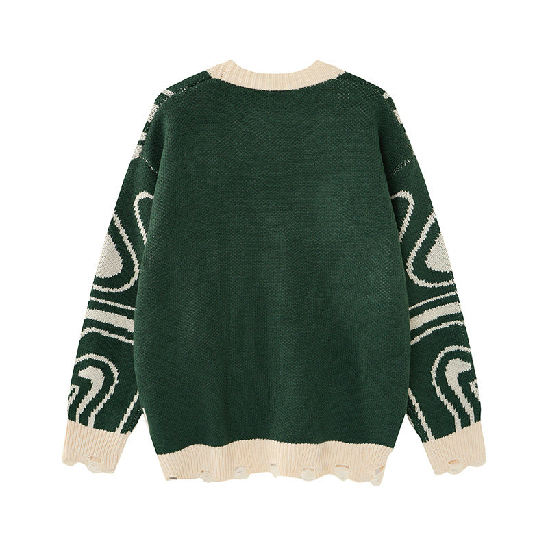Unisex oversized cardigan i strik med abstrakt hvirvelmønster