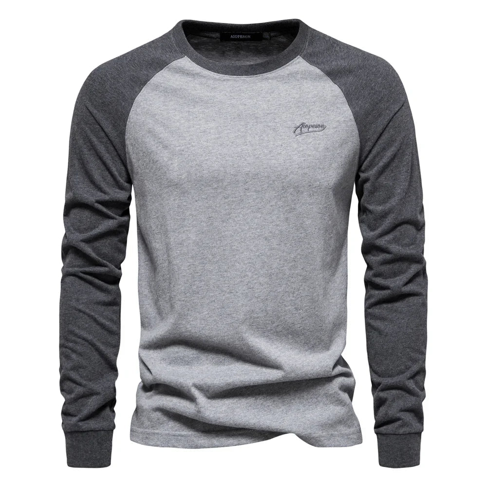 Gio Rota Men’s Long Sleeve Patchwork T-Shirt – Cotton O-Neck Casual Tee