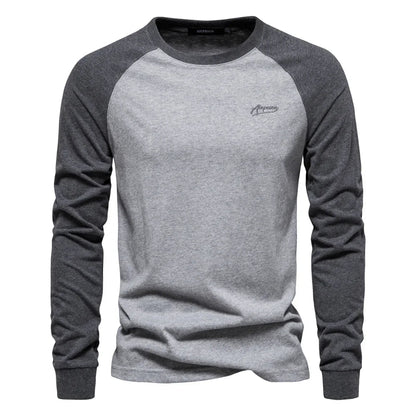 Gio Rota Men’s Long Sleeve Patchwork T-Shirt – Cotton O-Neck Casual Tee