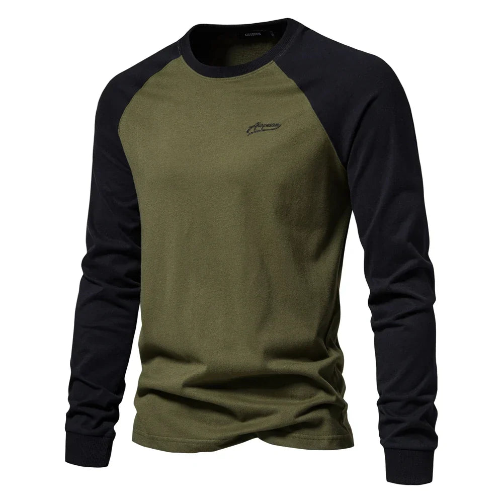 Gio Rota Men’s Long Sleeve Patchwork T-Shirt – Cotton O-Neck Casual Tee