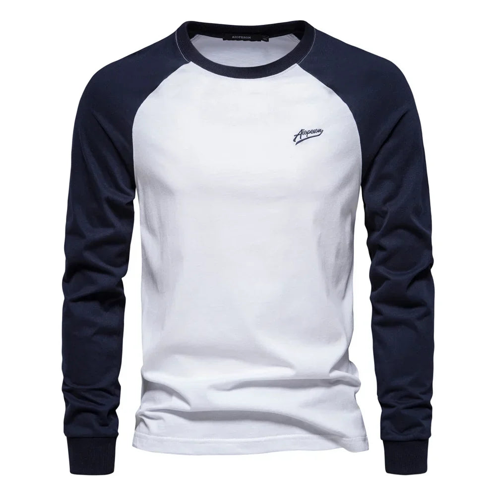 Gio Rota Men’s Long Sleeve Patchwork T-Shirt – Cotton O-Neck Casual Tee