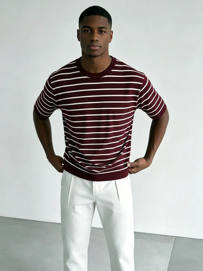 Camiseta de punto de cuello redondo a rayas para hombre, color burdeos