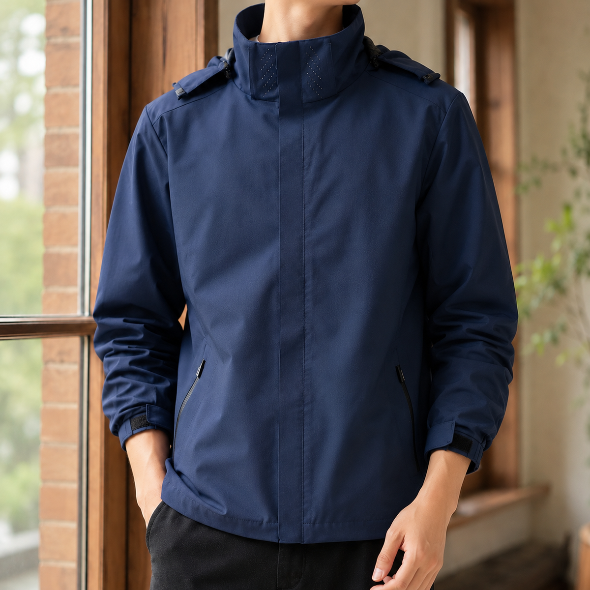 Hooded Woven Jacket With High Collar